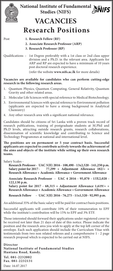 Research Fellow, Associate Research Professor, Research Professor - National Institute of Fundamental Studies